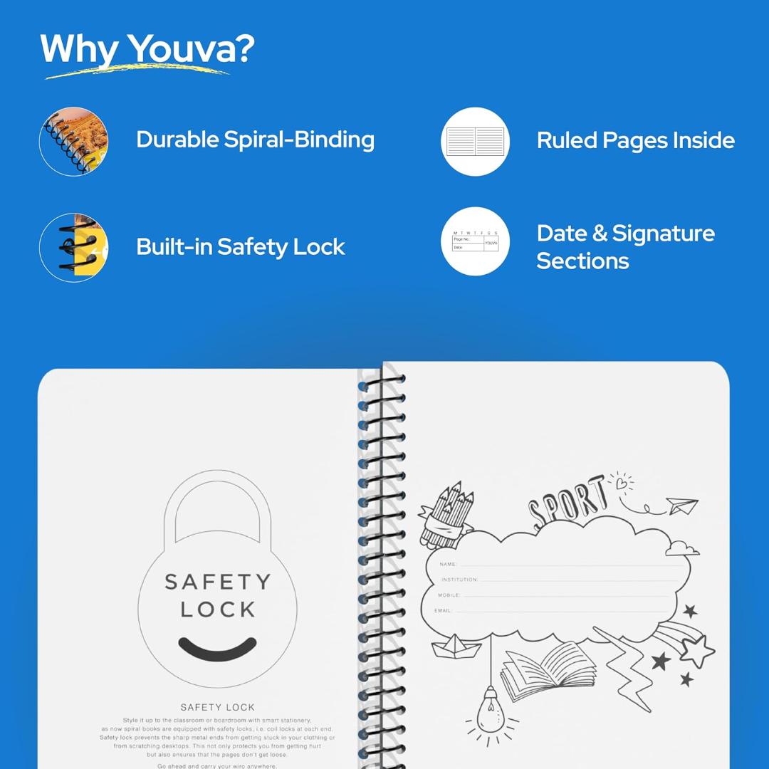 YOUVA Navneet|Spiral Long Book For Students And Executives|Spiral Bound With Safety Lock|A4 Size -21 X 29.7 Cm|Single Line|400 Pages|Pack Of 1